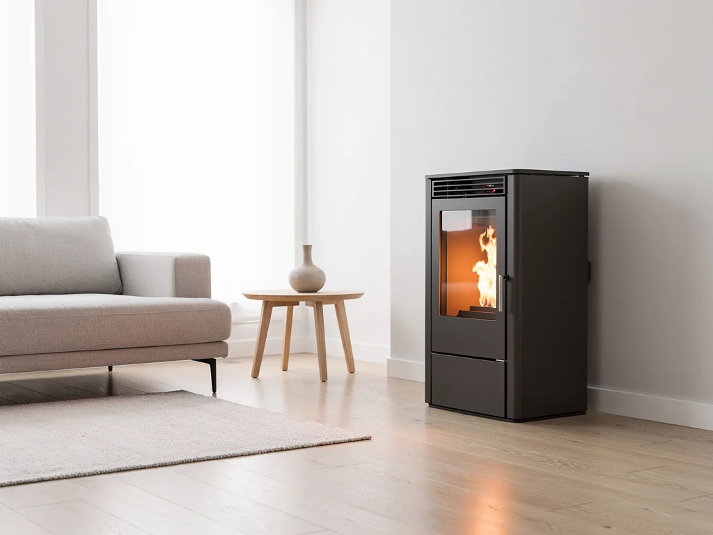 Poêle à granulés anthracite posé dans un salon lumineux au style contemporain
