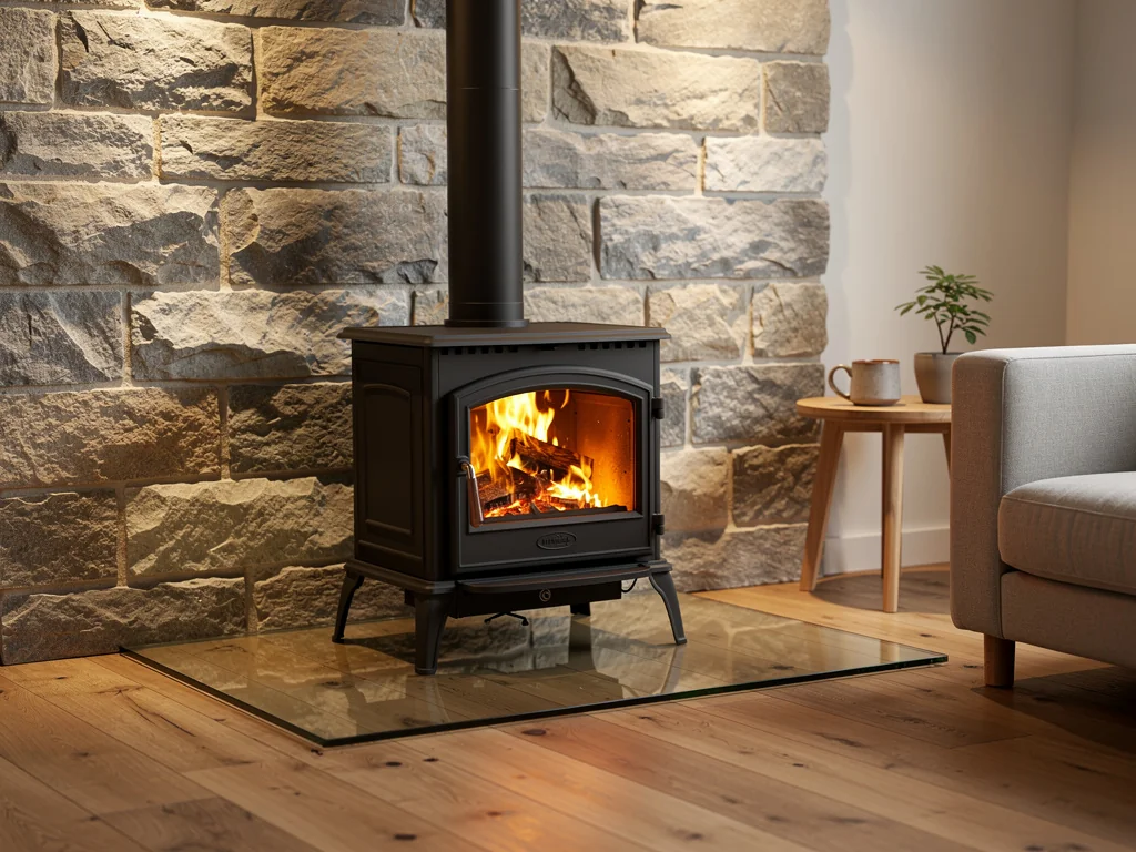 Poêle à bûches en fonte, flambée vive, devant un parement de pierre sur sa plaque de sol