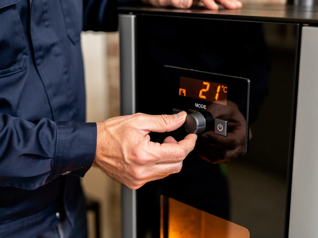Technicien ajustant le tableau de commande d'un poêle à granulés en cours de mise en service